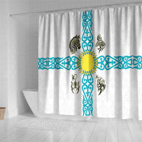 Kazakhstan National Symbols Shower Curtain with Tribal Animal Crest and Blue Ethnic Motif on White