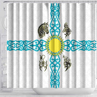 Kazakhstan National Symbols Shower Curtain with Tribal Animal Crest and Blue Ethnic Motif on White