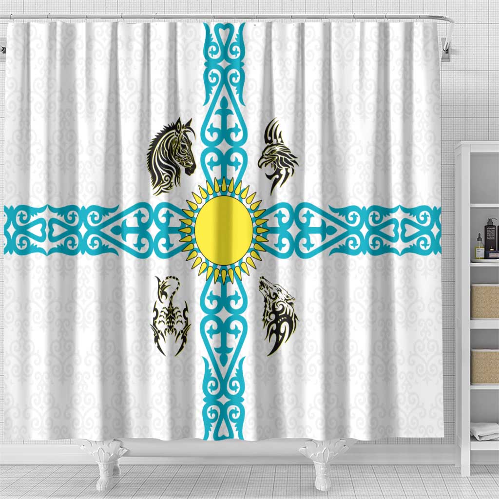 Kazakhstan National Symbols Shower Curtain with Tribal Animal Crest and Blue Ethnic Motif on White