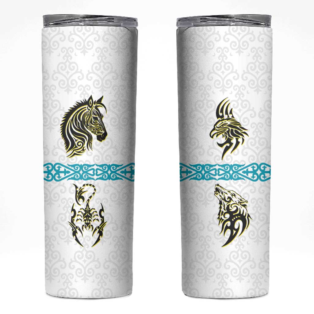 Kazakhstan National Symbols Skinny Tumbler with Tribal Animal Crest and Blue Ethnic Motif on White