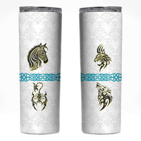 Kazakhstan National Symbols Skinny Tumbler with Tribal Animal Crest and Blue Ethnic Motif on White