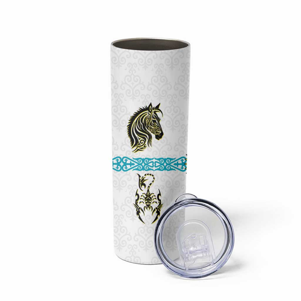 Kazakhstan National Symbols Skinny Tumbler with Tribal Animal Crest and Blue Ethnic Motif on White