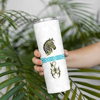 Kazakhstan National Symbols Skinny Tumbler with Tribal Animal Crest and Blue Ethnic Motif on White