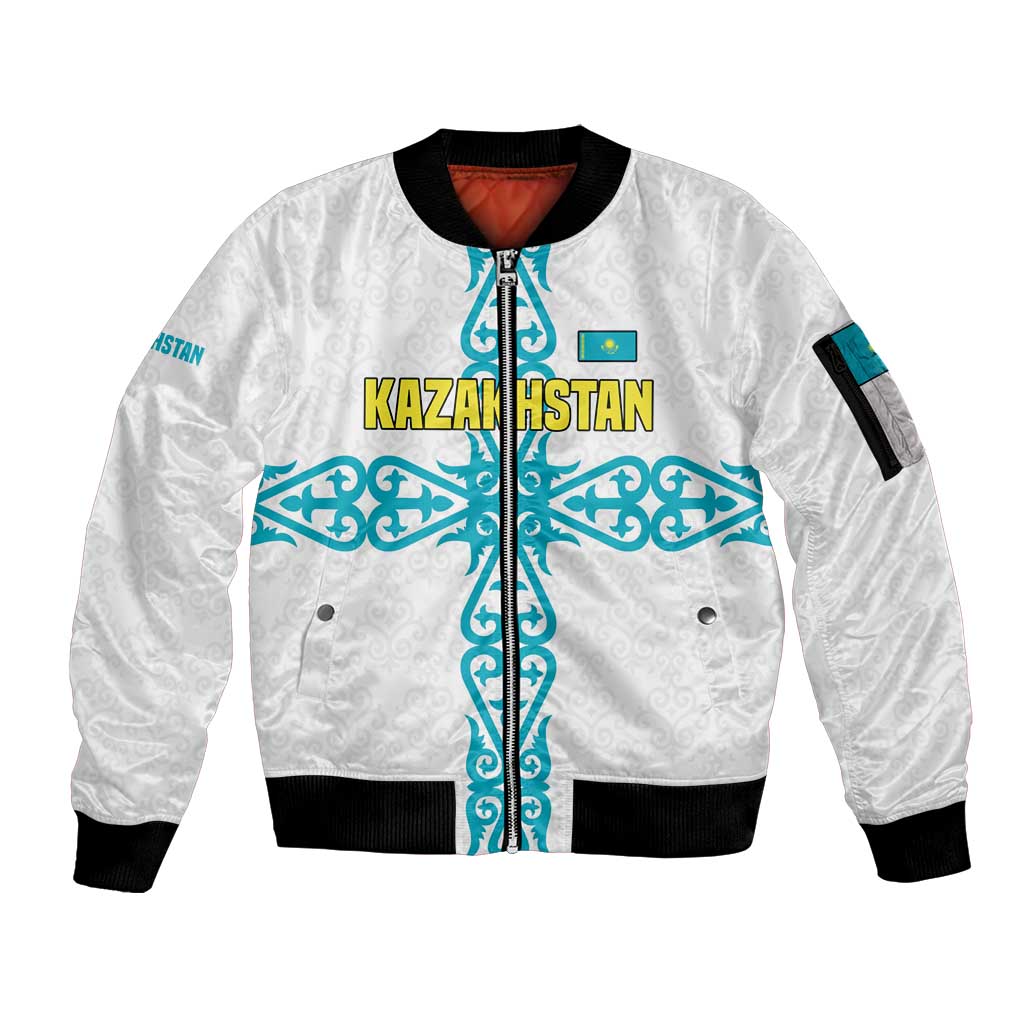 Kazakhstan National Symbols Sleeve Zip Bomber Jacket with Tribal Animal Crest and Blue Ethnic Motif on White