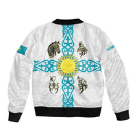 Kazakhstan National Symbols Sleeve Zip Bomber Jacket with Tribal Animal Crest and Blue Ethnic Motif on White