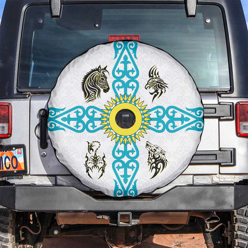 Kazakhstan National Symbols Spare Tire Cover with Tribal Animal Crest and Blue Ethnic Motif on White