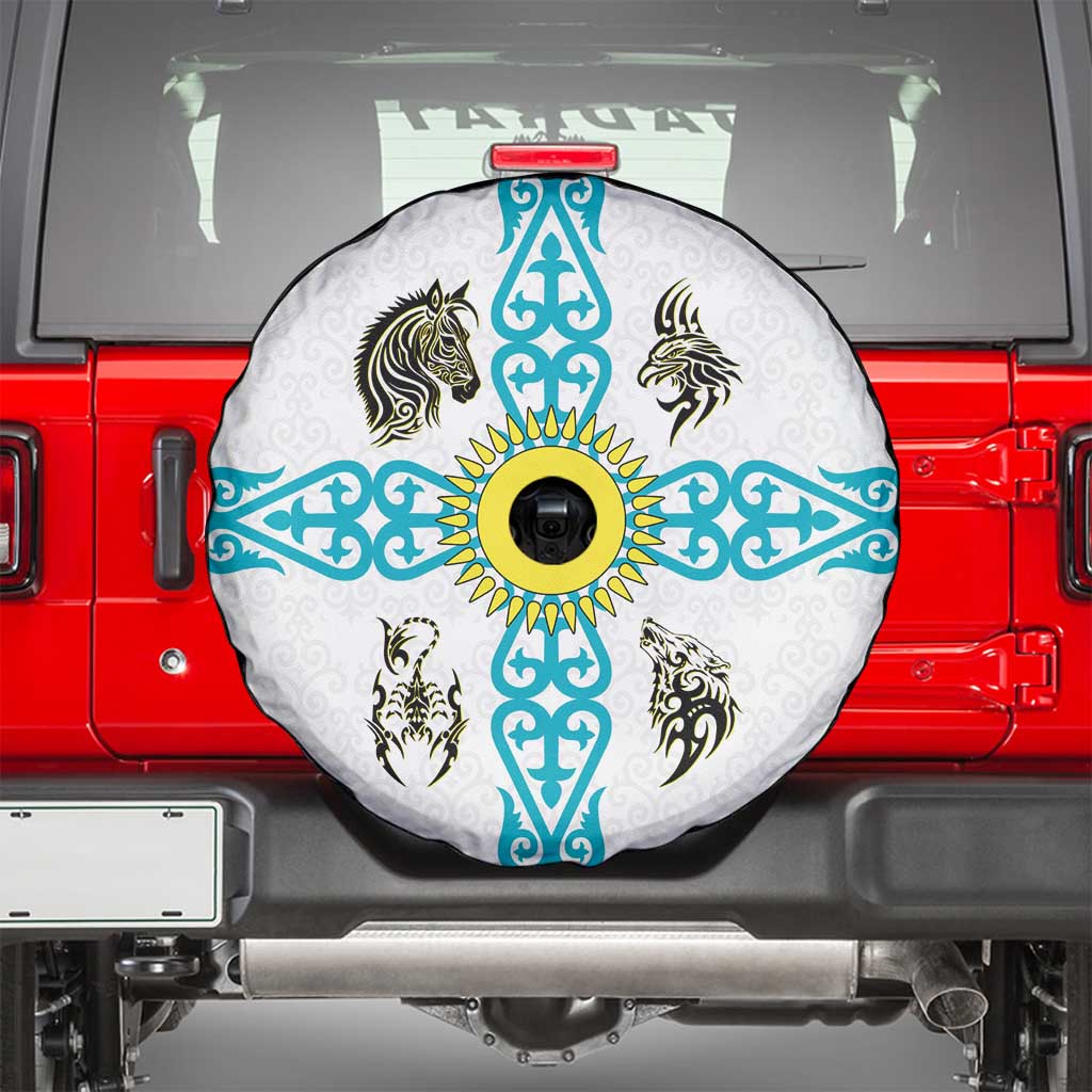 Kazakhstan National Symbols Spare Tire Cover with Tribal Animal Crest and Blue Ethnic Motif on White