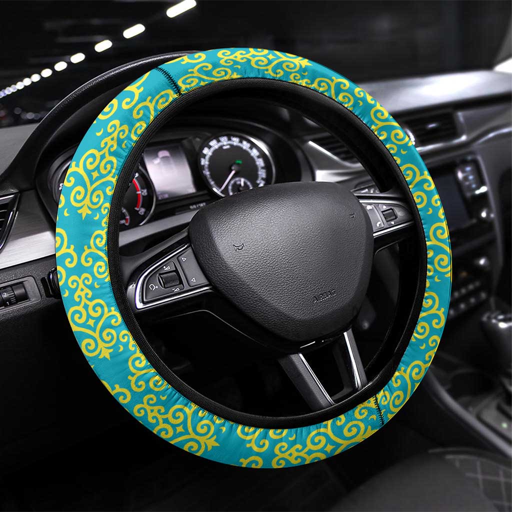 Kazakhstan National Symbols Steering Wheel Cover with Tribal Animal Crest and Blue Ethnic Motif on White