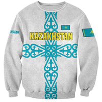 Kazakhstan National Symbols Sweatshirt with Tribal Animal Crest and Blue Ethnic Motif on White