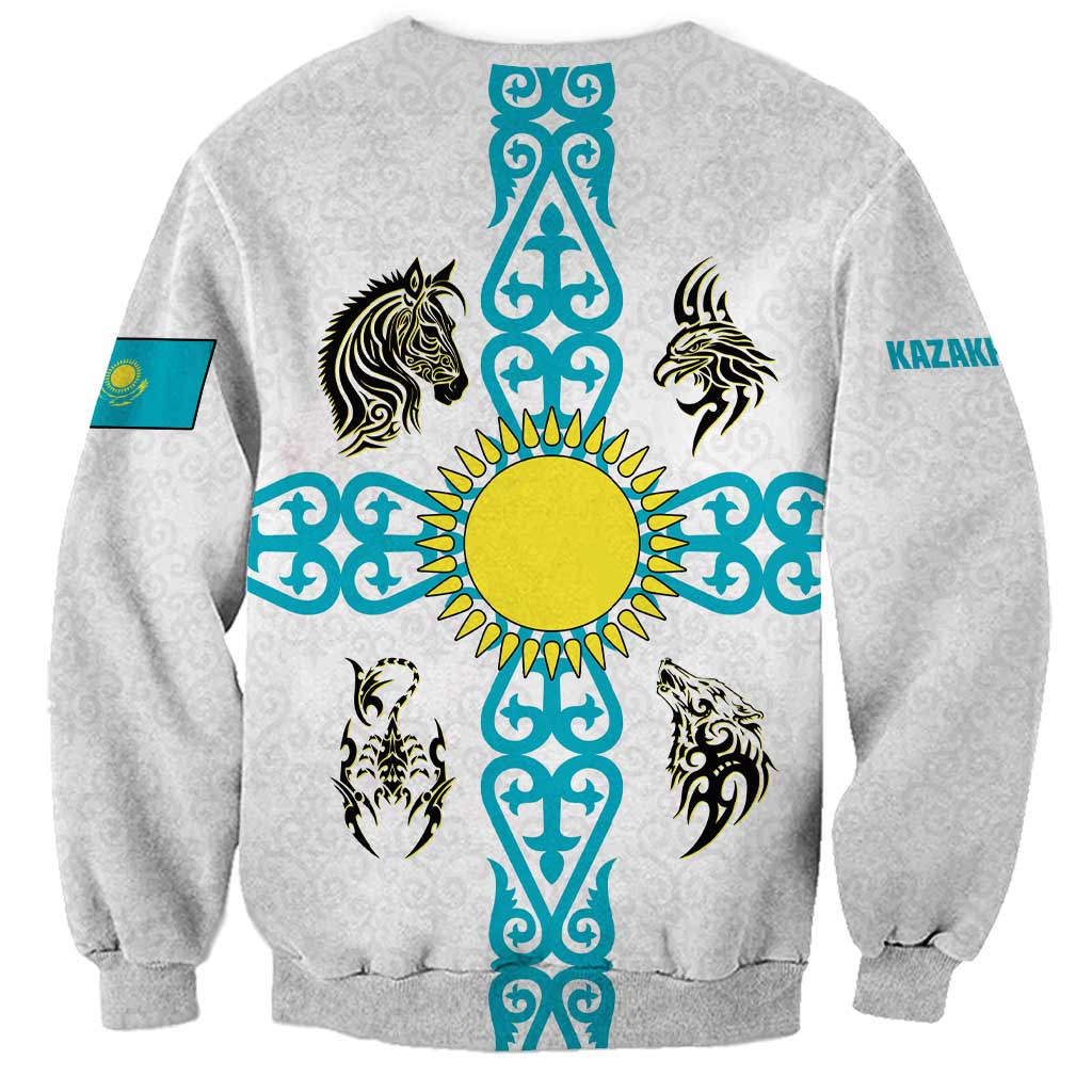 Kazakhstan National Symbols Sweatshirt with Tribal Animal Crest and Blue Ethnic Motif on White