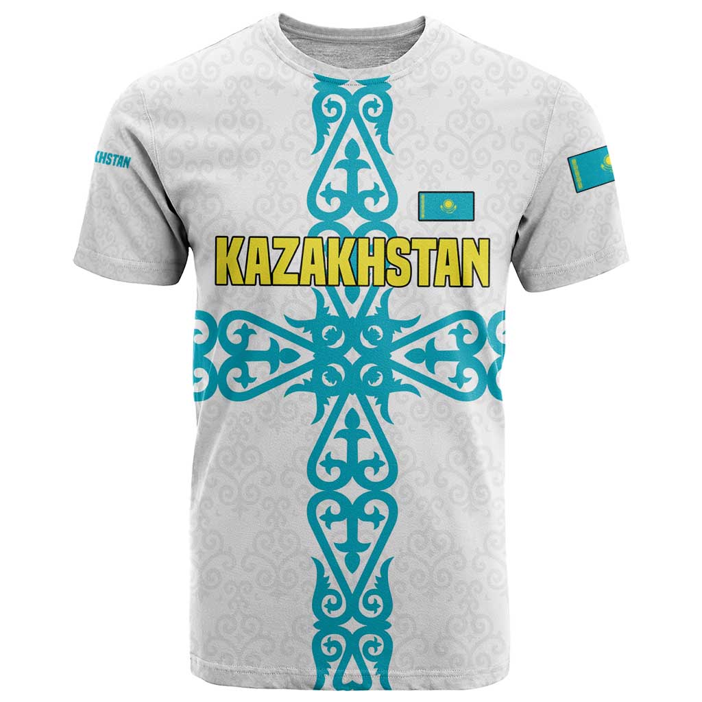 Kazakhstan National Symbols T Shirt with Tribal Animal Crest and Blue Ethnic Motif on White
