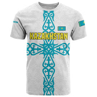 Kazakhstan National Symbols T Shirt with Tribal Animal Crest and Blue Ethnic Motif on White