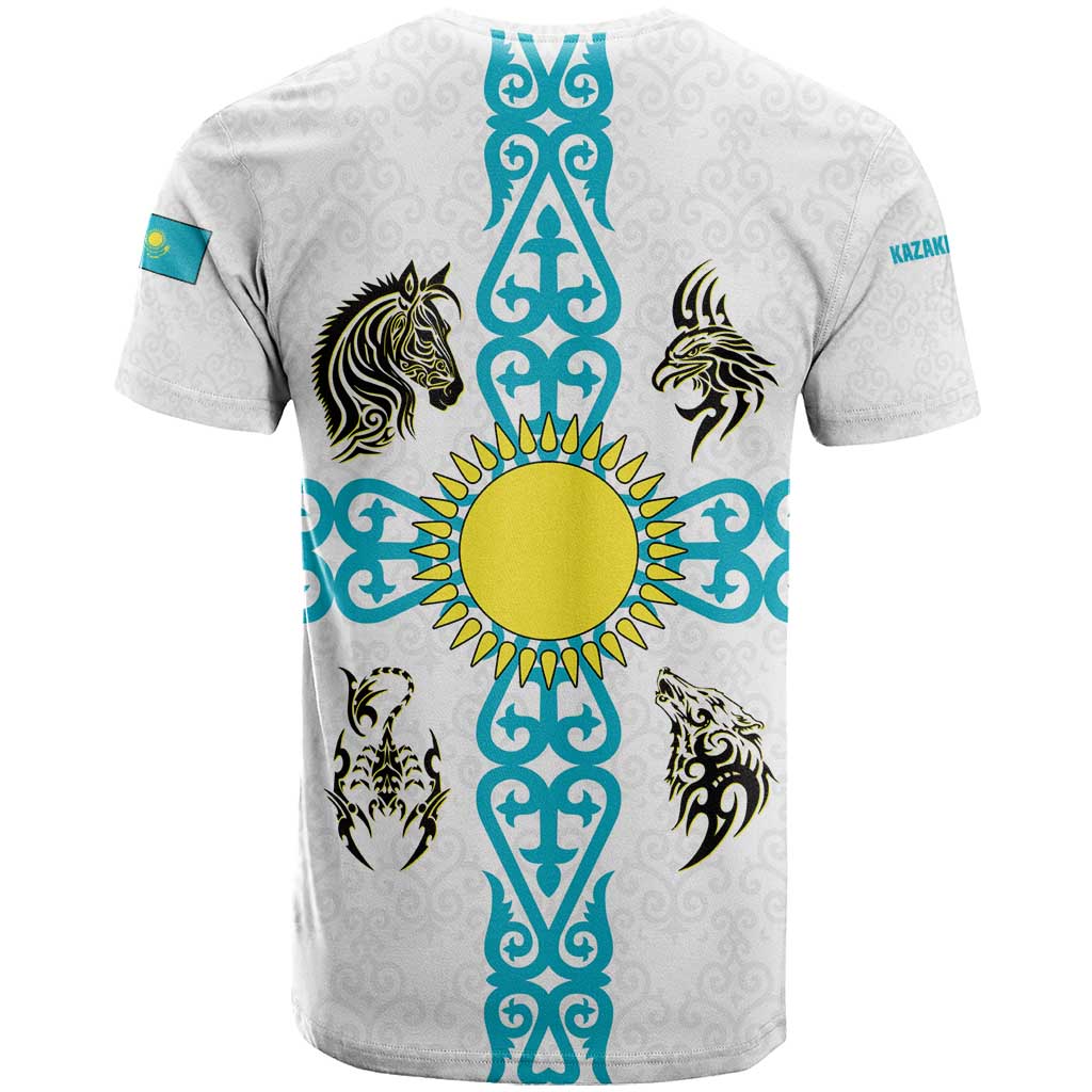 Kazakhstan National Symbols T Shirt with Tribal Animal Crest and Blue Ethnic Motif on White