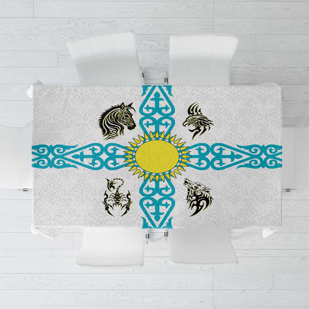 Kazakhstan National Symbols Tablecloth with Tribal Animal Crest and Blue Ethnic Motif on White
