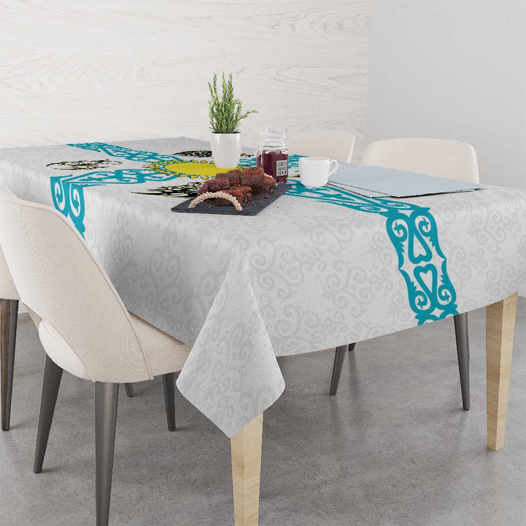 Kazakhstan National Symbols Tablecloth with Tribal Animal Crest and Blue Ethnic Motif on White