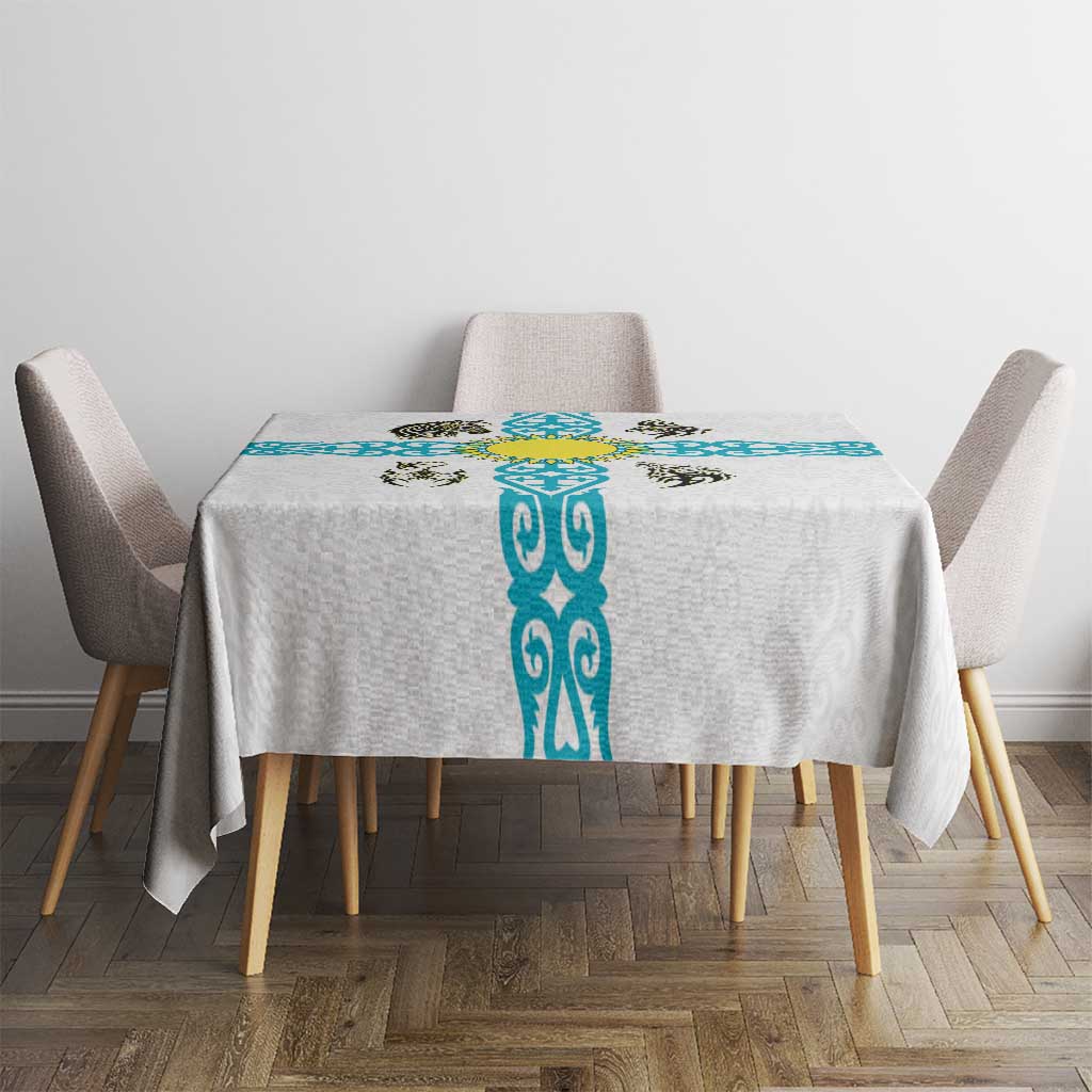 Kazakhstan National Symbols Tablecloth with Tribal Animal Crest and Blue Ethnic Motif on White