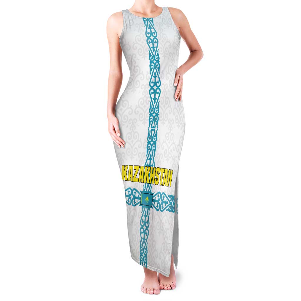 Kazakhstan National Symbols Tank Maxi Dress with Tribal Animal Crest and Blue Ethnic Motif on White