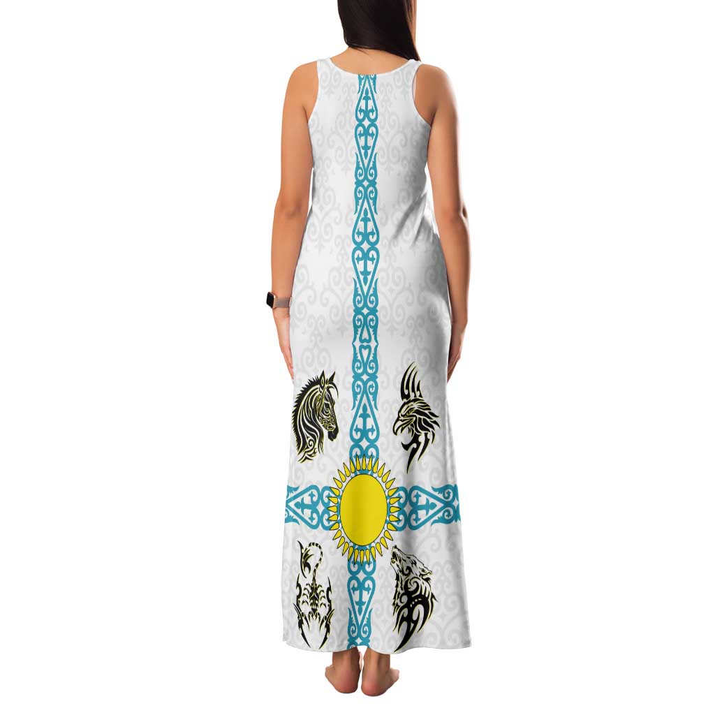 Kazakhstan National Symbols Tank Maxi Dress with Tribal Animal Crest and Blue Ethnic Motif on White