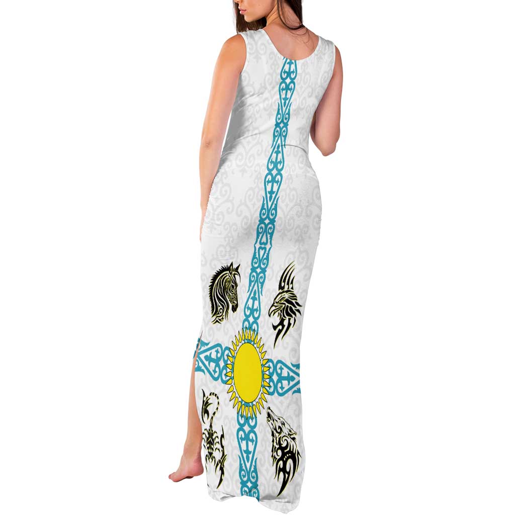 Kazakhstan National Symbols Tank Maxi Dress with Tribal Animal Crest and Blue Ethnic Motif on White