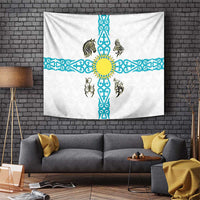 Kazakhstan National Symbols Tapestry with Tribal Animal Crest and Blue Ethnic Motif on White