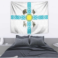 Kazakhstan National Symbols Tapestry with Tribal Animal Crest and Blue Ethnic Motif on White