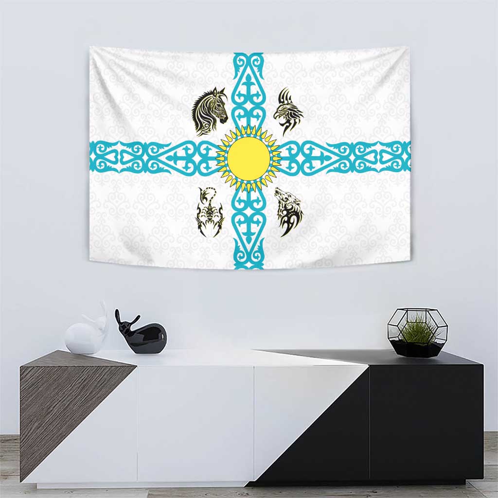 Kazakhstan National Symbols Tapestry with Tribal Animal Crest and Blue Ethnic Motif on White