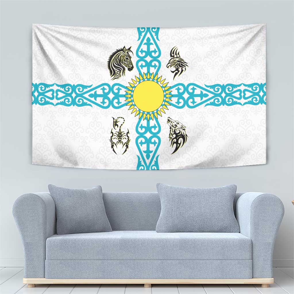 Kazakhstan National Symbols Tapestry with Tribal Animal Crest and Blue Ethnic Motif on White