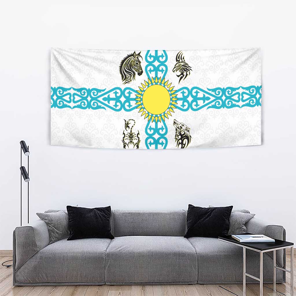 Kazakhstan National Symbols Tapestry with Tribal Animal Crest and Blue Ethnic Motif on White