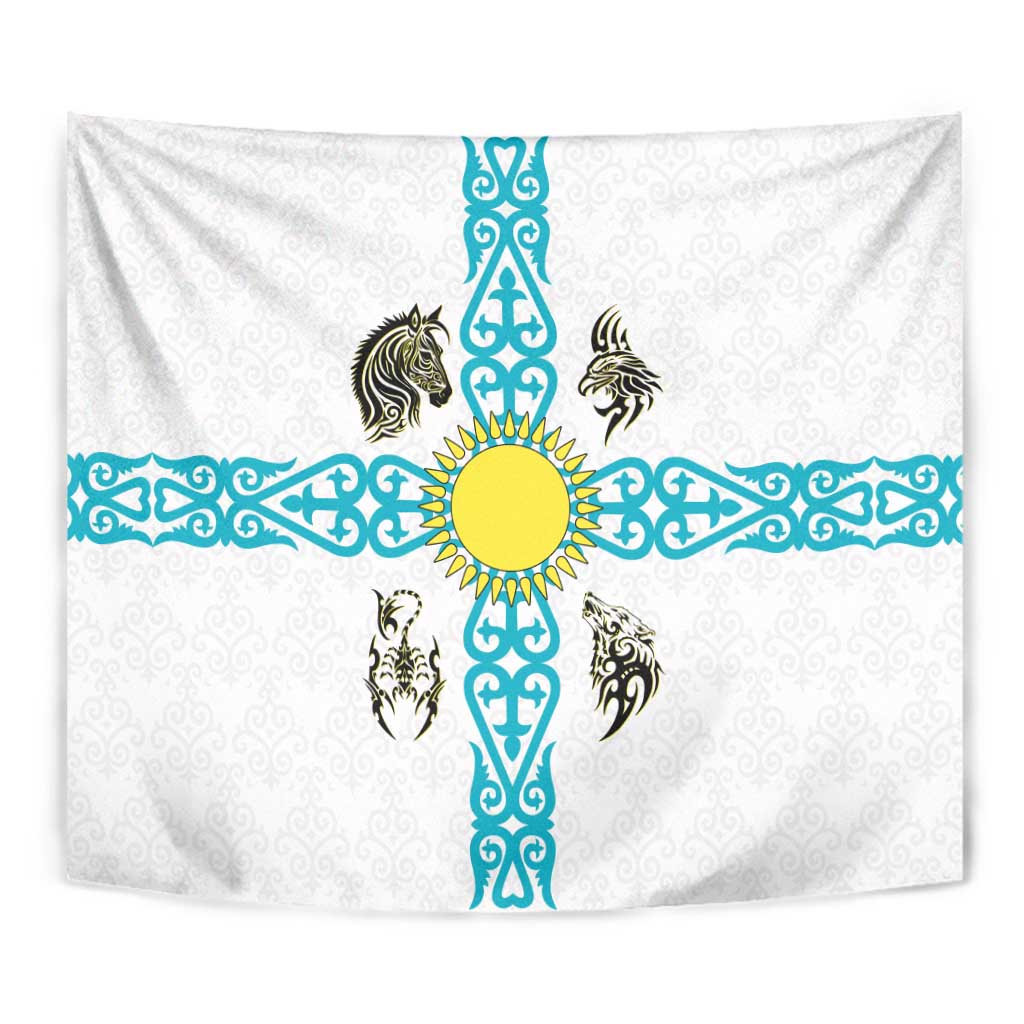 Kazakhstan National Symbols Tapestry with Tribal Animal Crest and Blue Ethnic Motif on White