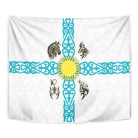 Kazakhstan National Symbols Tapestry with Tribal Animal Crest and Blue Ethnic Motif on White