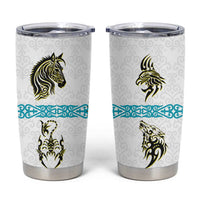 Kazakhstan National Symbols Tumbler Cup with Tribal Animal Crest and Blue Ethnic Motif on White