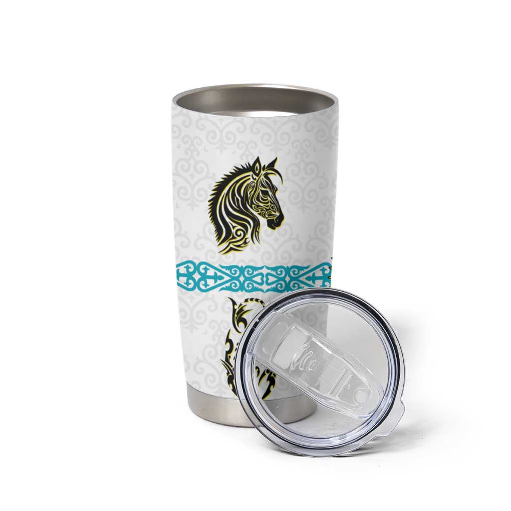 Kazakhstan National Symbols Tumbler Cup with Tribal Animal Crest and Blue Ethnic Motif on White