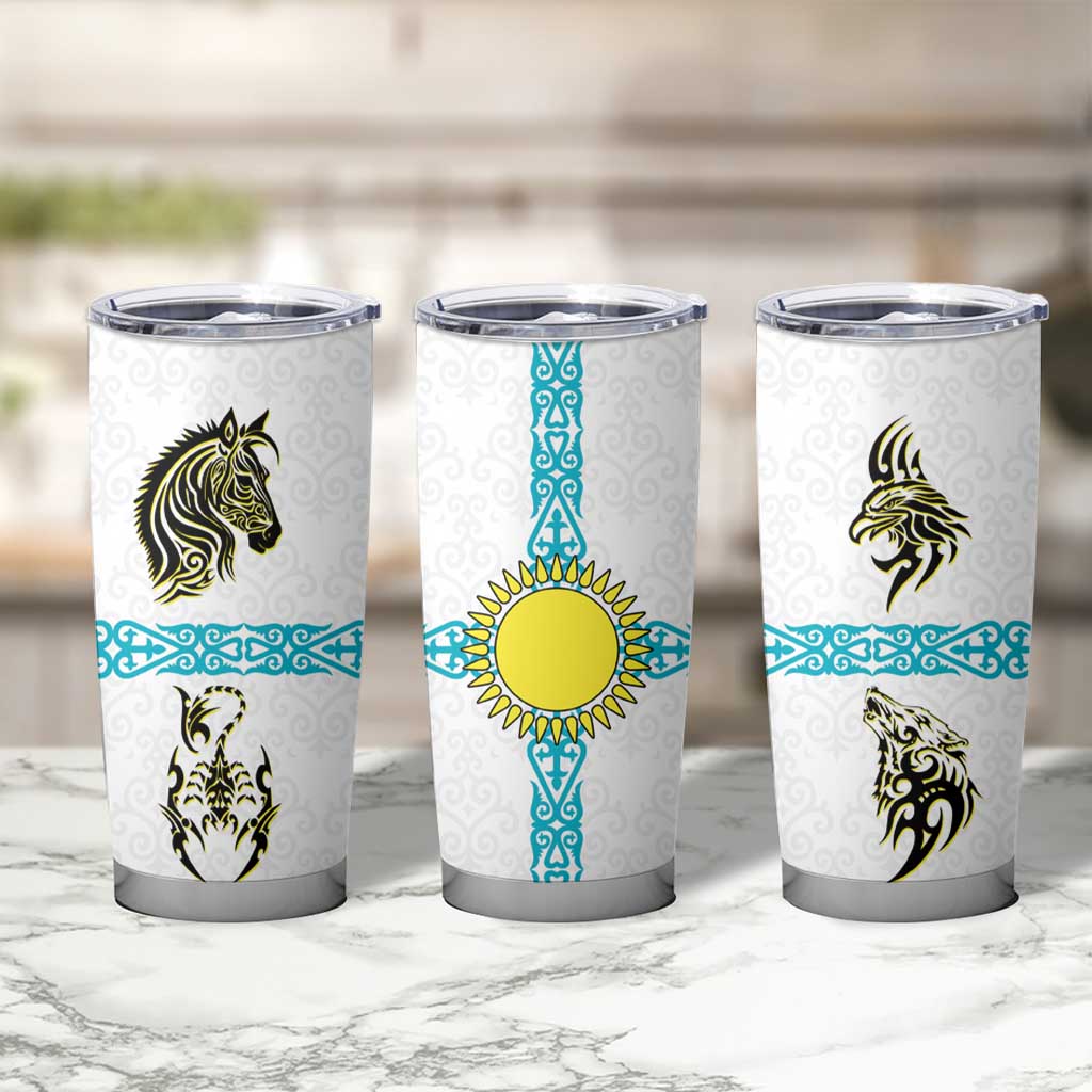 Kazakhstan National Symbols Tumbler Cup with Tribal Animal Crest and Blue Ethnic Motif on White