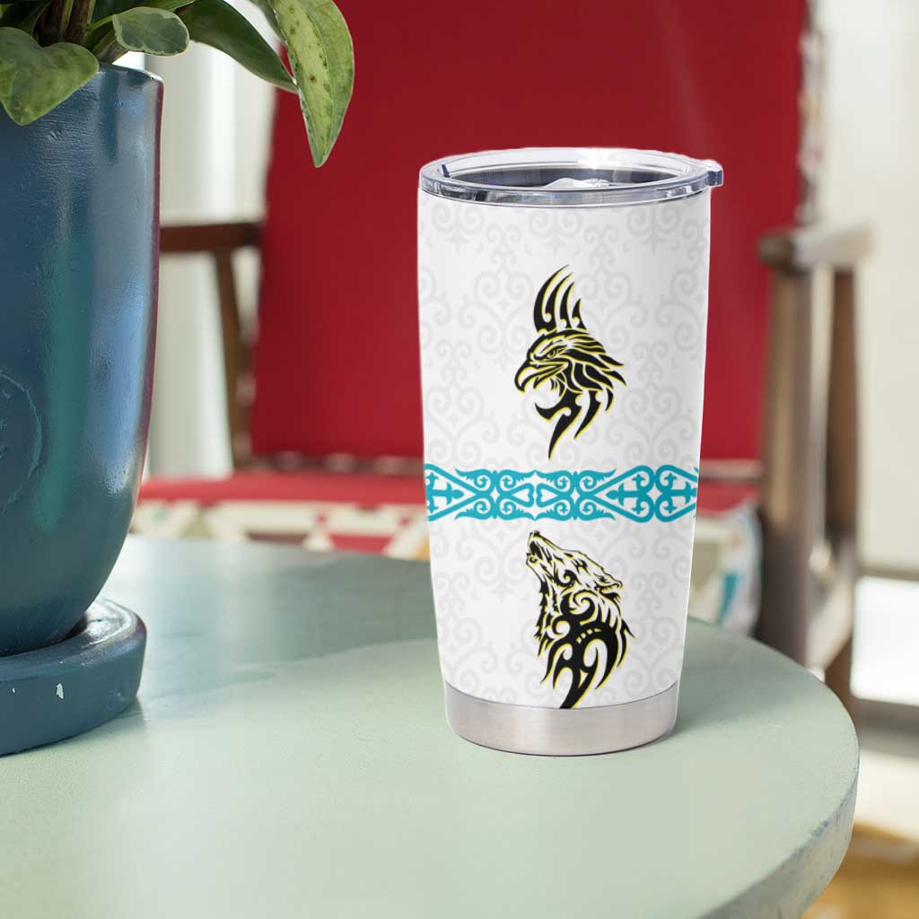Kazakhstan National Symbols Tumbler Cup with Tribal Animal Crest and Blue Ethnic Motif on White
