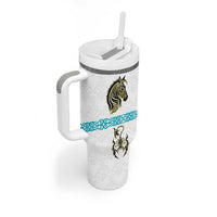 Kazakhstan National Symbols Tumbler With Handle with Tribal Animal Crest and Blue Ethnic Motif on White