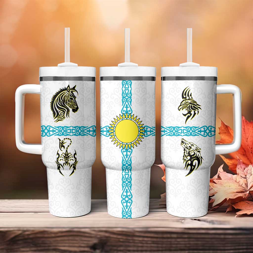 Kazakhstan National Symbols Tumbler With Handle with Tribal Animal Crest and Blue Ethnic Motif on White