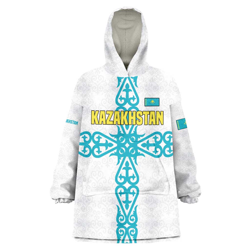 Kazakhstan National Symbols Wearable Blanket Hoodie with Tribal Animal Crest and Blue Ethnic Motif on White