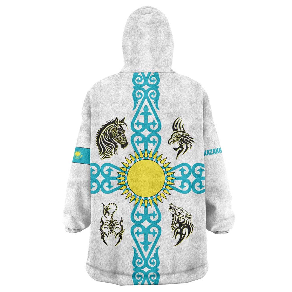 Kazakhstan National Symbols Wearable Blanket Hoodie with Tribal Animal Crest and Blue Ethnic Motif on White
