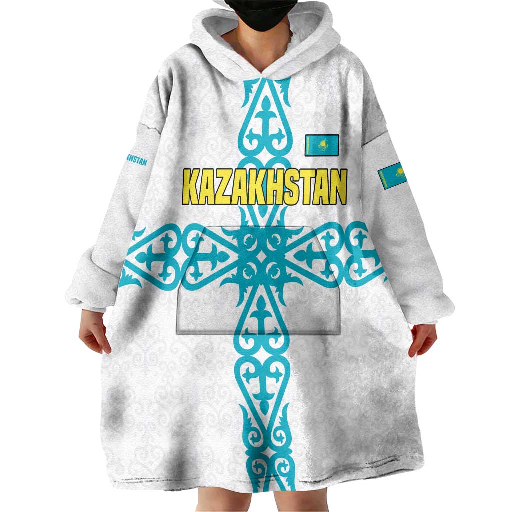 Kazakhstan National Symbols Wearable Blanket Hoodie with Tribal Animal Crest and Blue Ethnic Motif on White