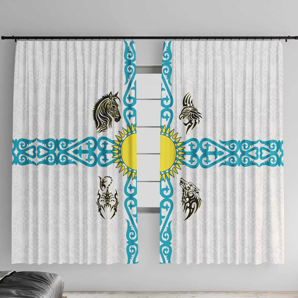 Kazakhstan National Symbols Window Curtain with Tribal Animal Crest and Blue Ethnic Motif on White