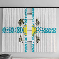 Kazakhstan National Symbols Window Curtain with Tribal Animal Crest and Blue Ethnic Motif on White