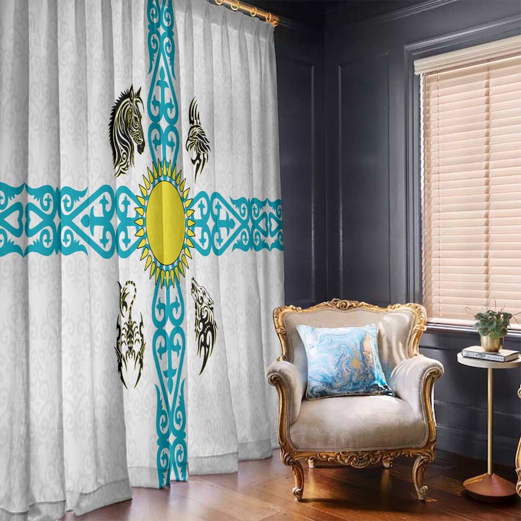 Kazakhstan National Symbols Window Curtain with Tribal Animal Crest and Blue Ethnic Motif on White