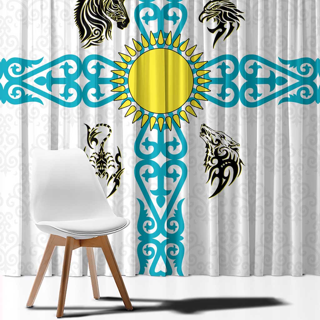 Kazakhstan National Symbols Window Curtain with Tribal Animal Crest and Blue Ethnic Motif on White