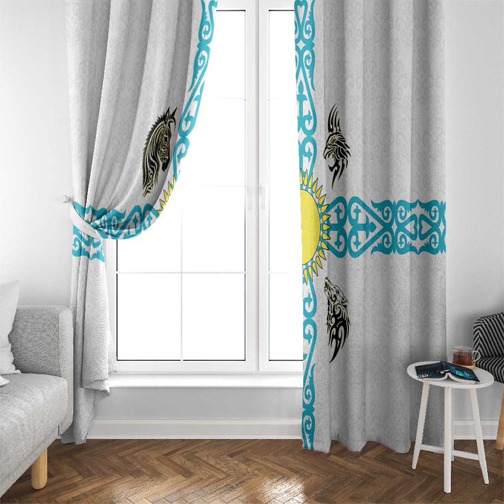 Kazakhstan National Symbols Window Curtain with Tribal Animal Crest and Blue Ethnic Motif on White
