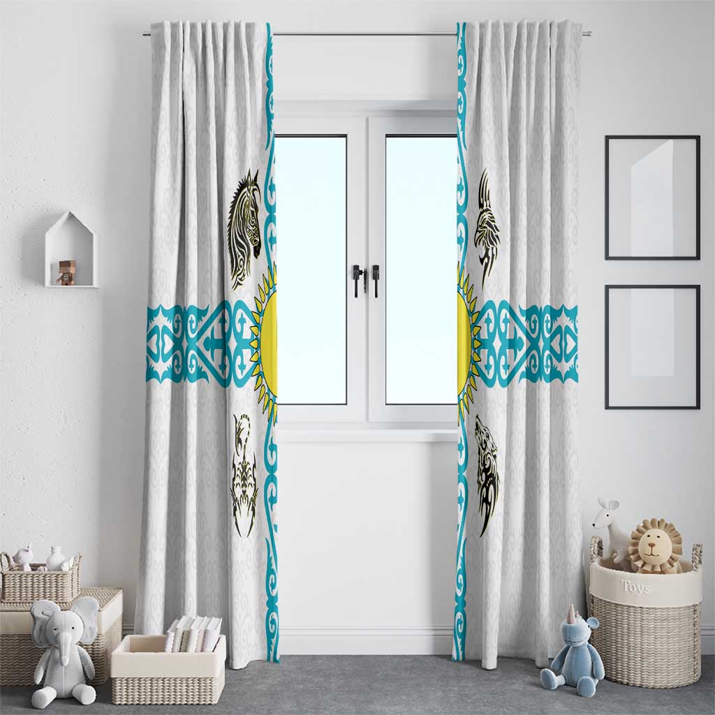 Kazakhstan National Symbols Window Curtain with Tribal Animal Crest and Blue Ethnic Motif on White