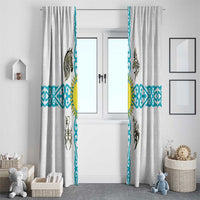 Kazakhstan National Symbols Window Curtain with Tribal Animal Crest and Blue Ethnic Motif on White