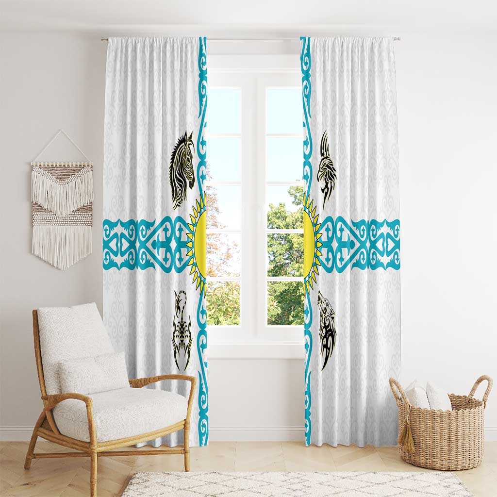 Kazakhstan National Symbols Window Curtain with Tribal Animal Crest and Blue Ethnic Motif on White