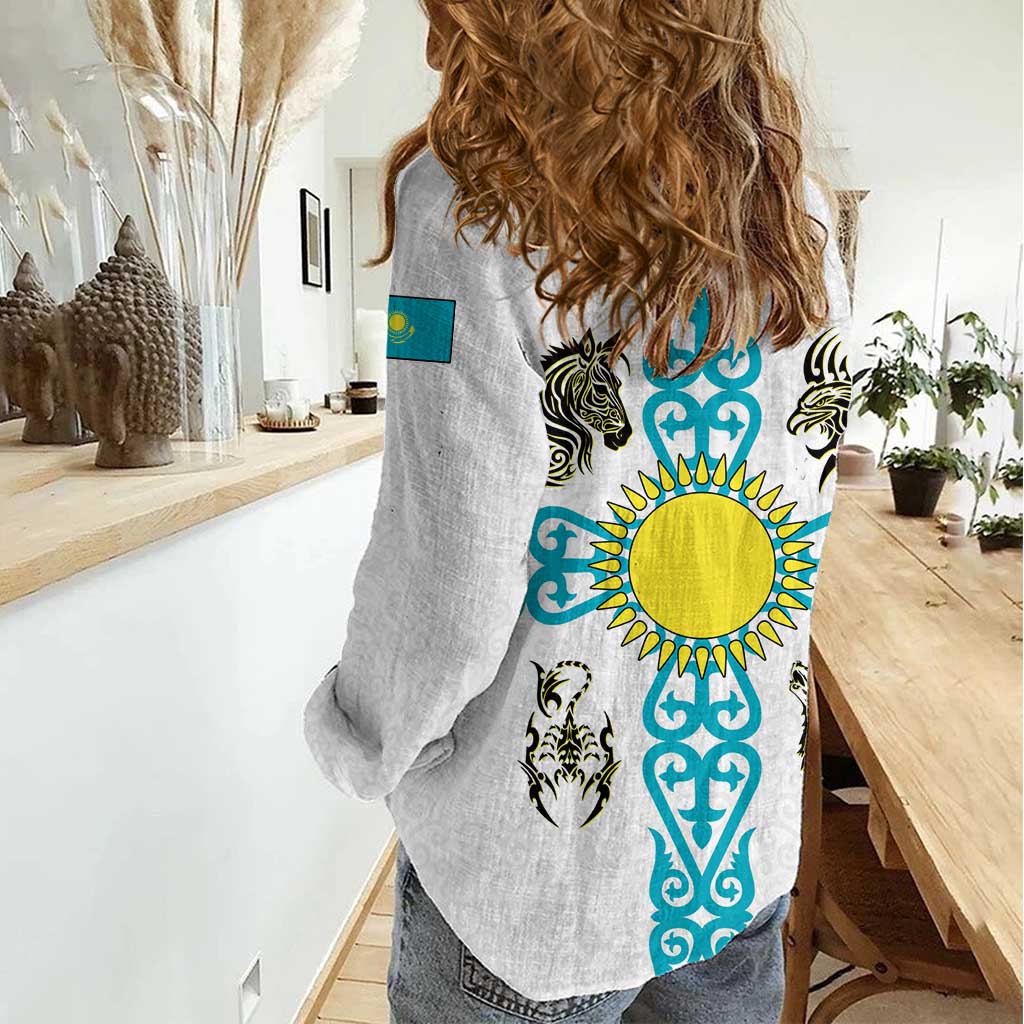 Kazakhstan National Symbols Women Casual Shirt with Tribal Animal Crest and Blue Ethnic Motif on White