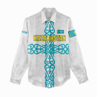 Kazakhstan National Symbols Women Casual Shirt with Tribal Animal Crest and Blue Ethnic Motif on White