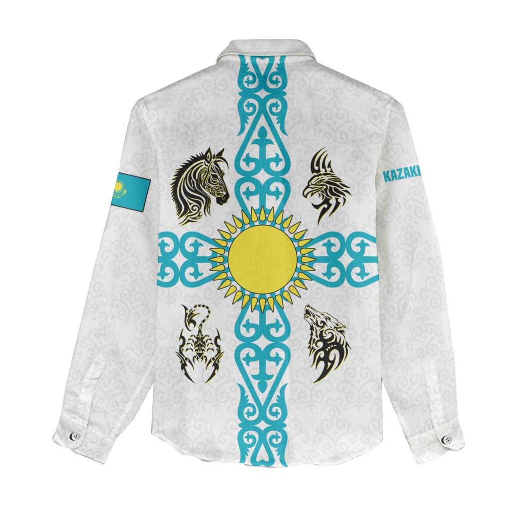 Kazakhstan National Symbols Women Casual Shirt with Tribal Animal Crest and Blue Ethnic Motif on White